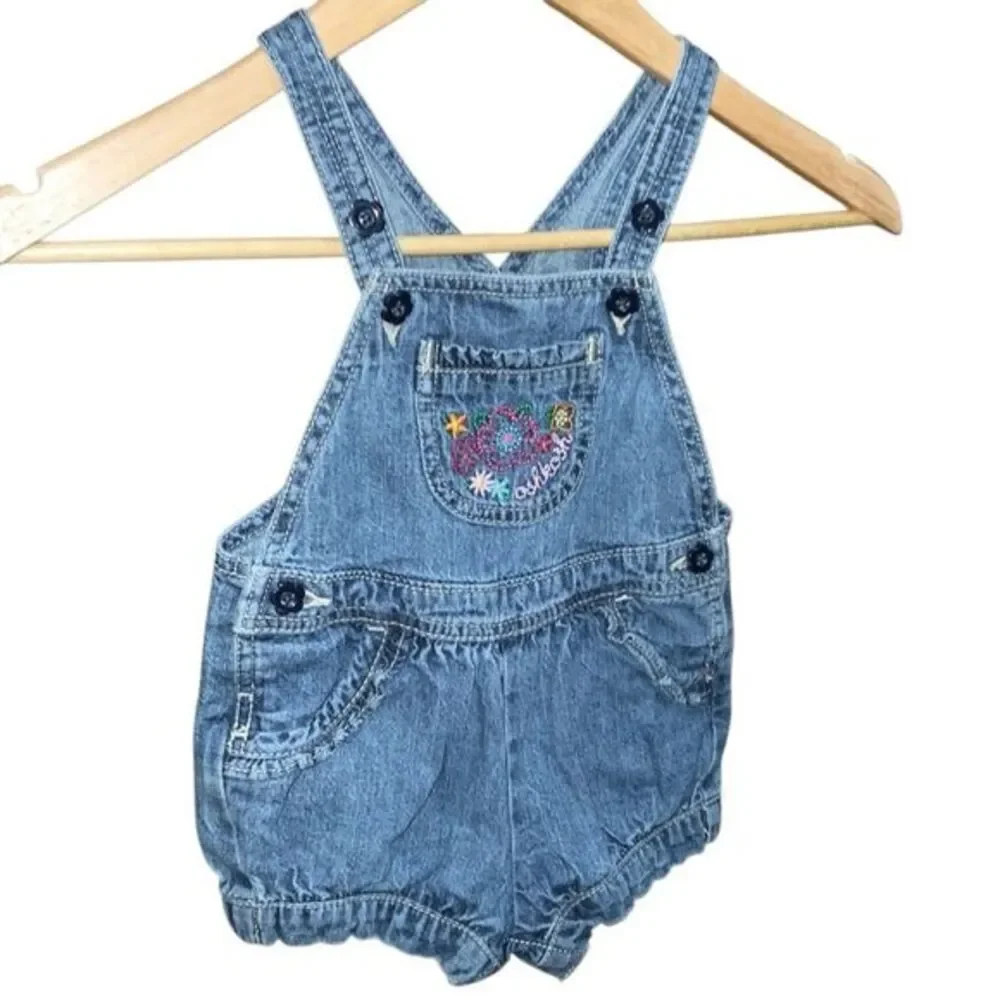 Vintage OshKosh B'gosh Denim Overalls Romper Embroidered Pocket Shorts 12m
